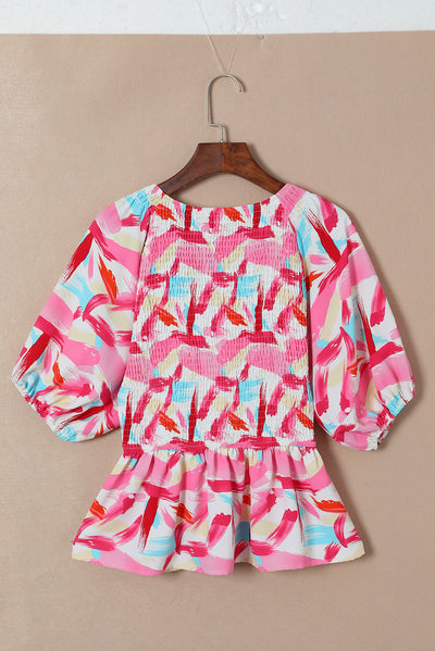 Pink Abstract Print Puff Sleeve Peplum Top