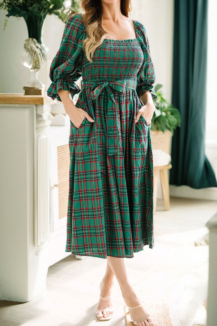 Green Tartan Plaid Square Neck Puff Sleeve Knot Waist Flared Midi Dress