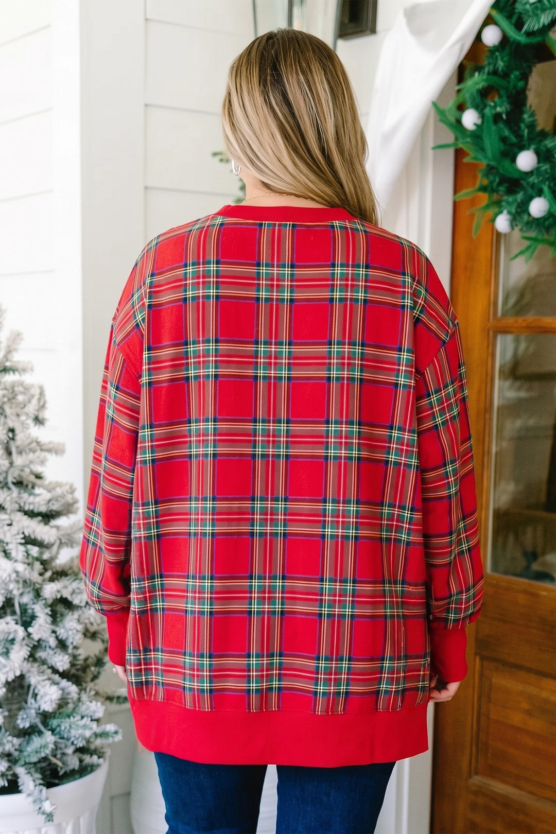 Red Plus Size Festive Plaid Long Sleeve Split Tunic Sweatshirt