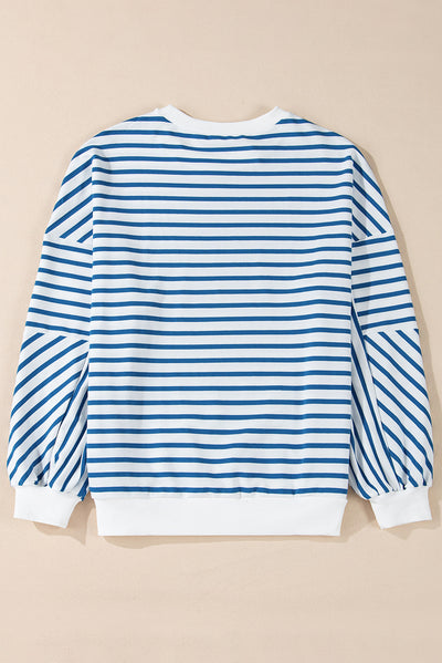 Blue Stripe Drop Shoulder Crew Neck Loose Sweatshirt