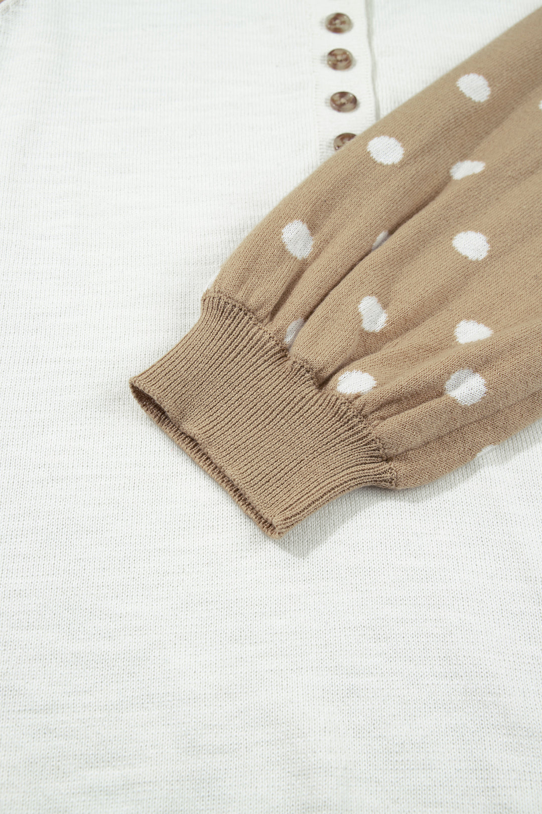 Khaki Polka Dot Contrast Long Sleeve Button V Neck Sweater