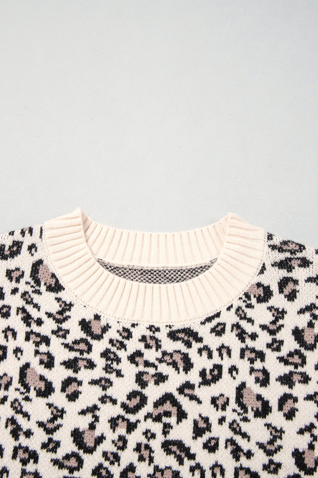 Beige Leopard Print Ribbed Color Block Trim Pullover Sweater