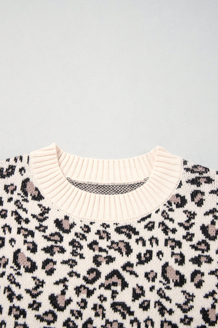 Beige Leopard Print Ribbed Color Block Trim Pullover Sweater