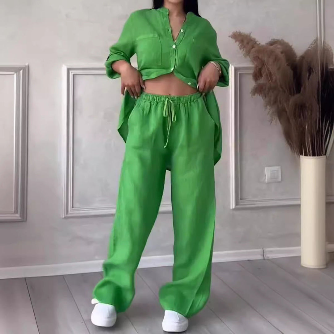 Wide-Leg Pants &amp; Lace-Up Top Two-Piece Set – Solid Color, 12 Colors S–5XL