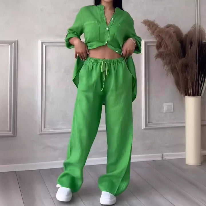 Wide-Leg Pants &amp; Lace-Up Top Two-Piece Set – Solid Color, 12 Colors S–5XL