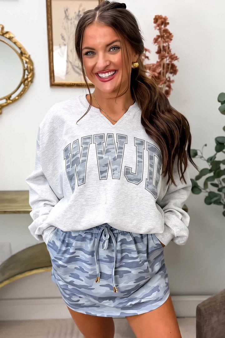 Gray Camo Letter Print Lounge Long Sleeve Top Skort 2pcs Set
