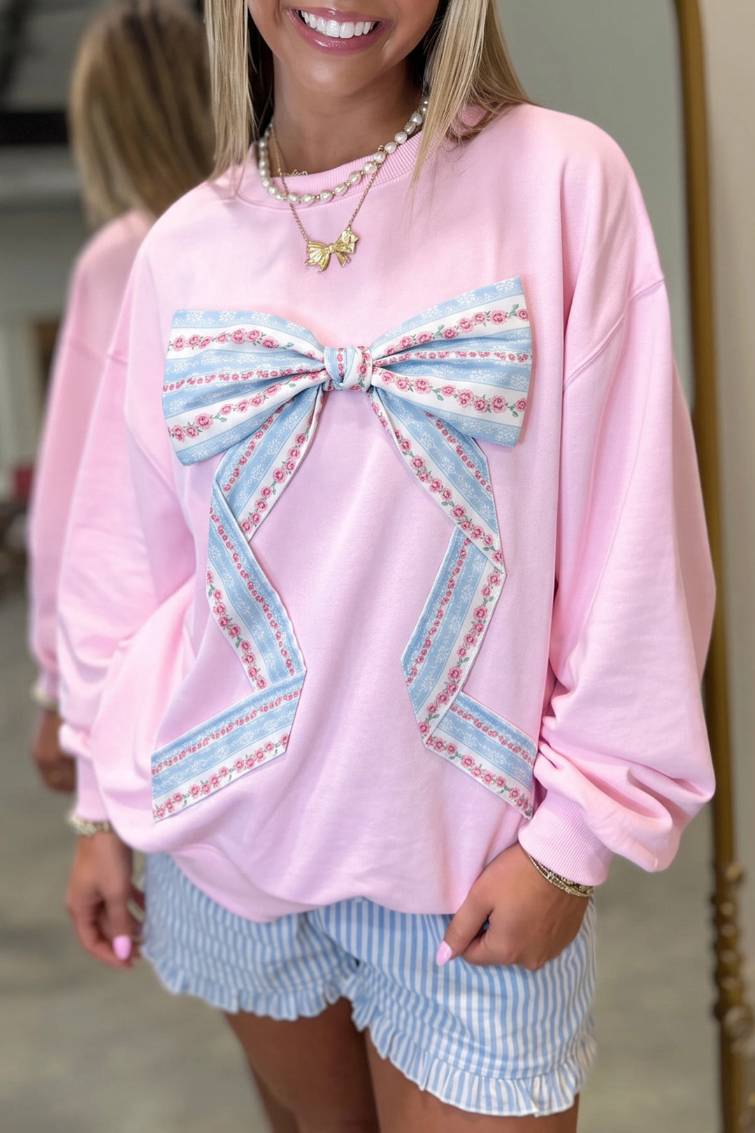 White Floral Bow Decoration Drop Shoulder Long Sleeve Top