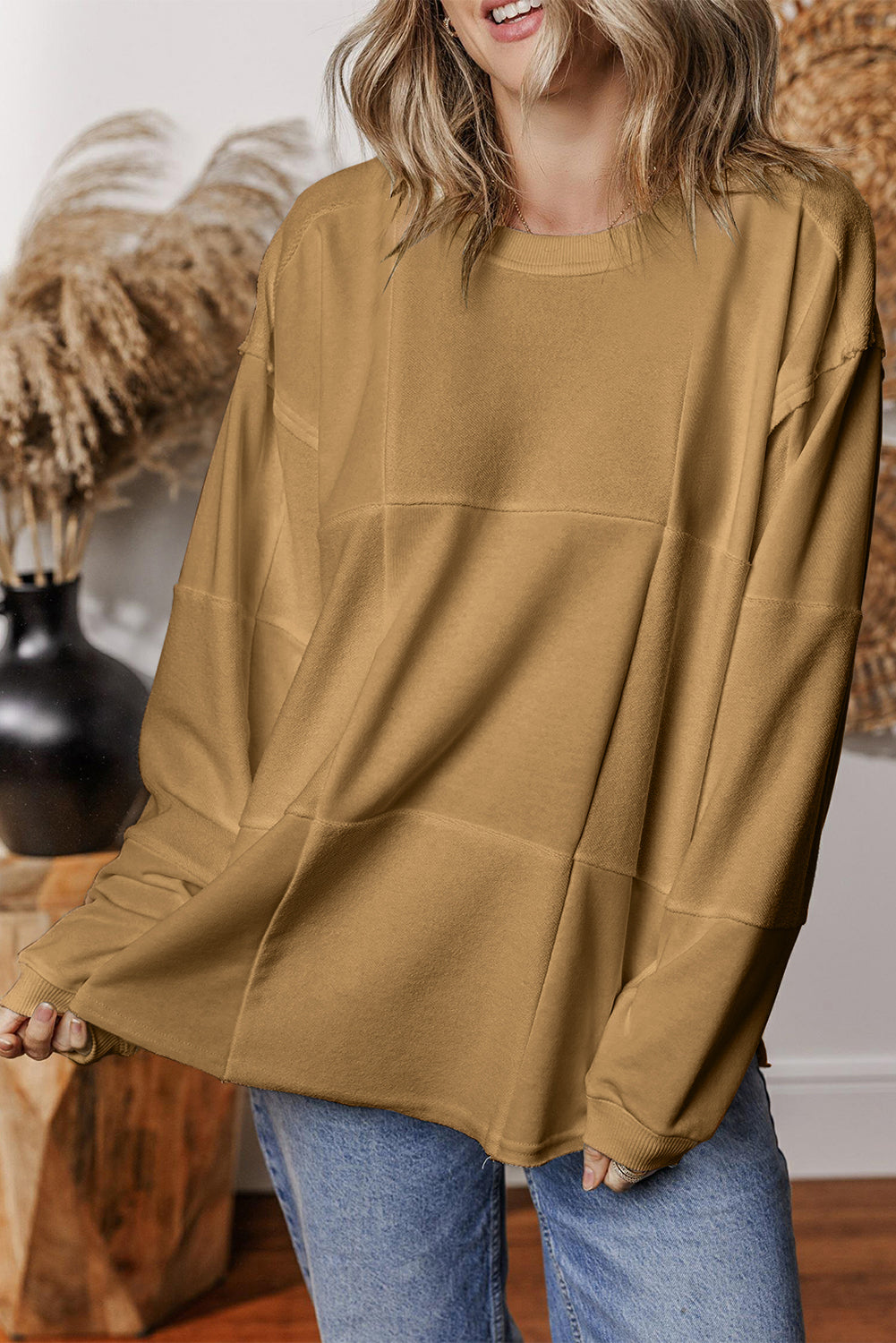 Light French Beige Solid Color Patchwork Drop Shoulder Baggy Sweatshirt