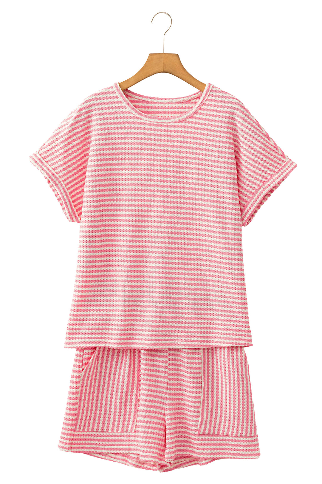 Brown Stripe Breathable Textured Knit Short 2pcs Set