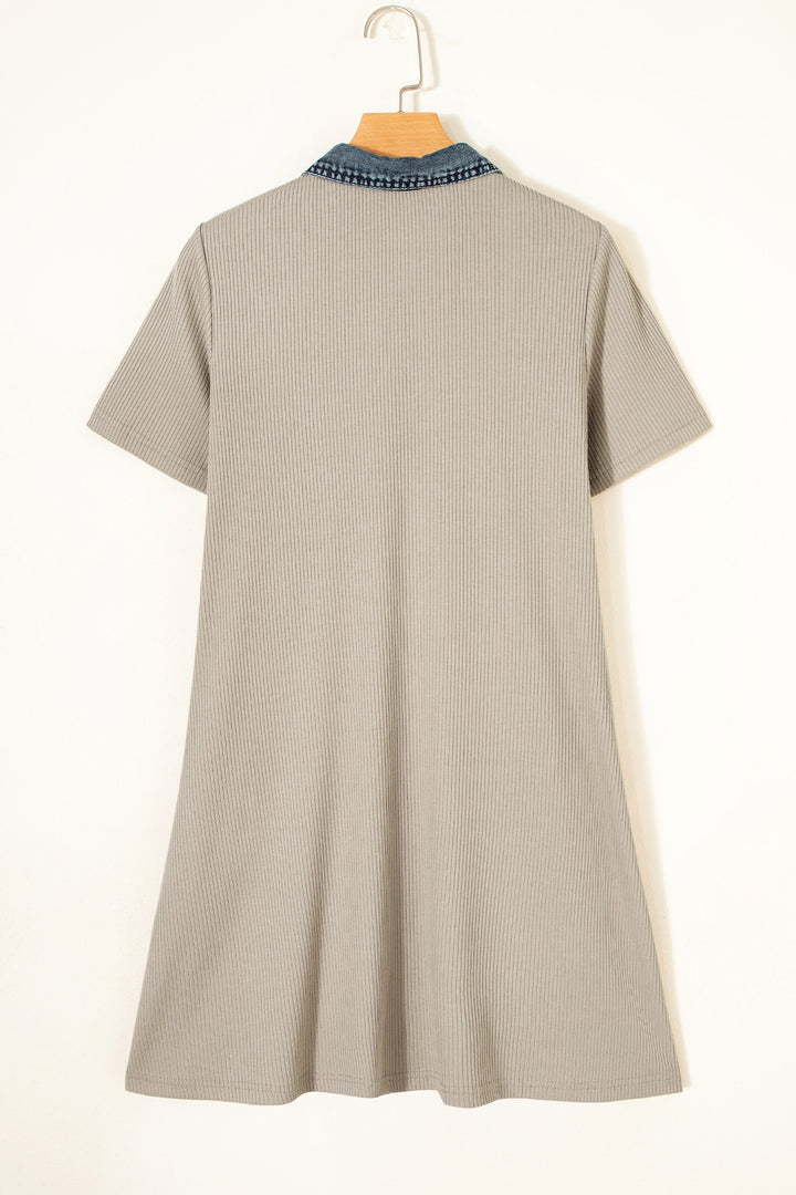 Beige Short Sleeve Ribbed Knit Denim Patchwork Polo Collar Dress