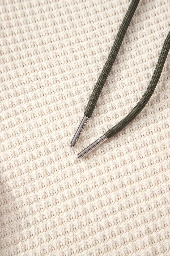 White Waffle Contrast Half Buttoned Hooded Pullover Top