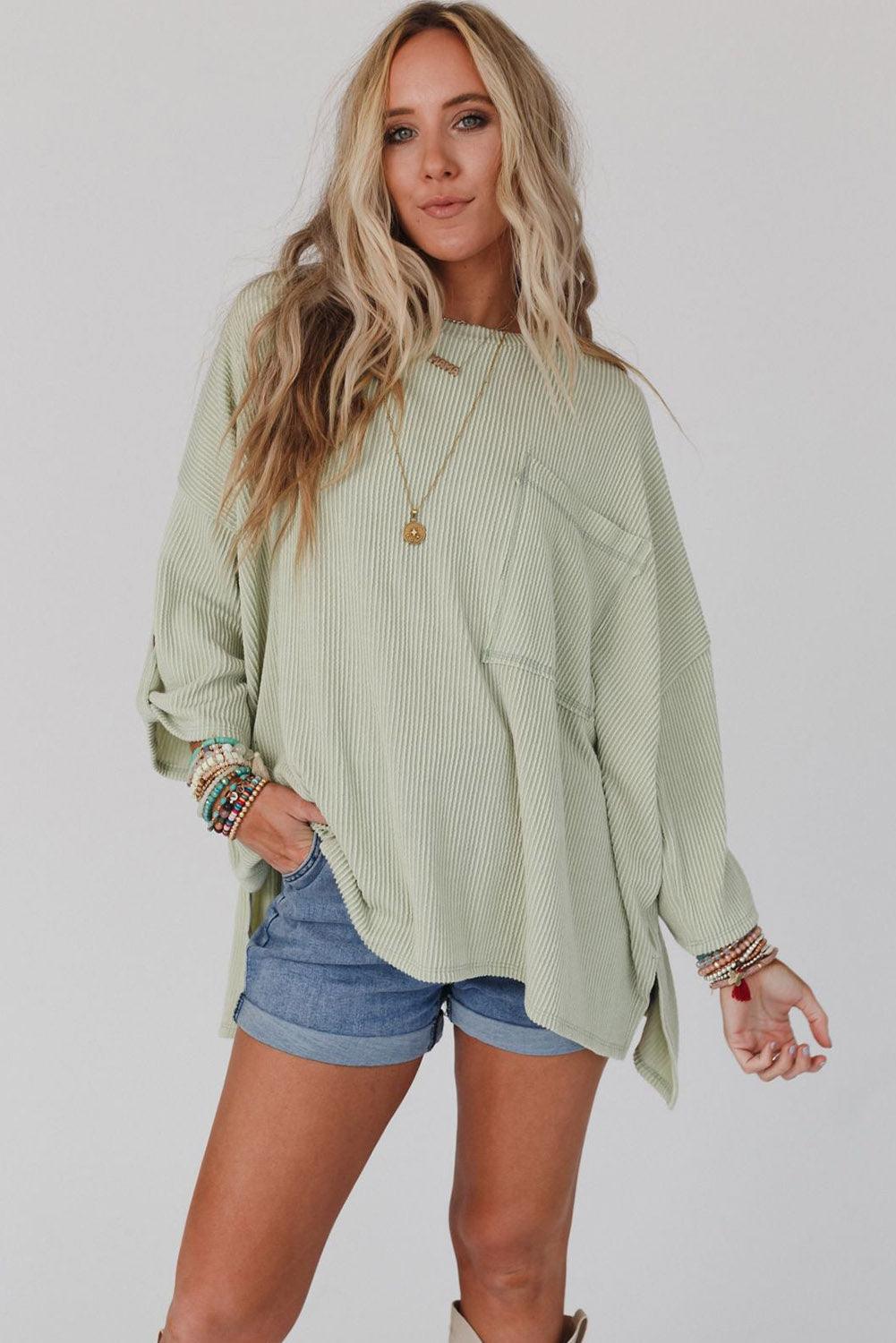 Green Ribbed Roll-tab Sleeve Chest Pocket Oversize Top