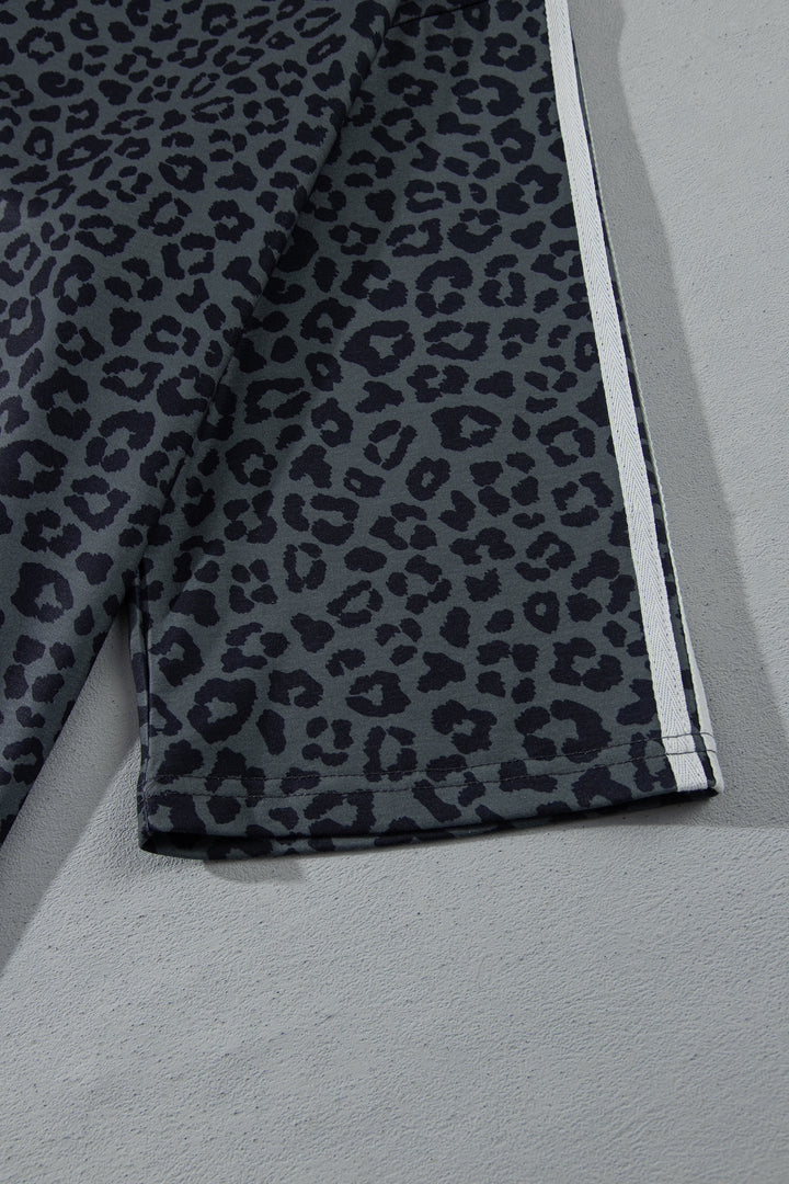 Gray Leopard Print Bracelet Sleeve Top Plus Size Loose Pants Set