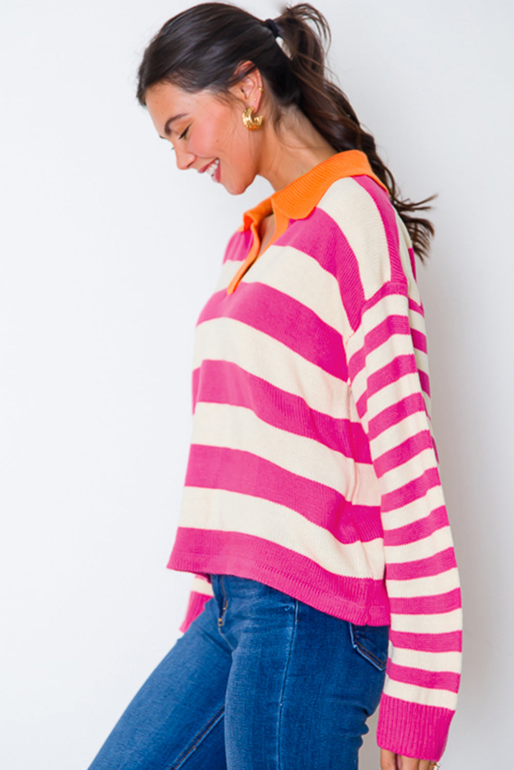 Rose Stripe Color Block Collared V Neck Drop Shoulder Sweater