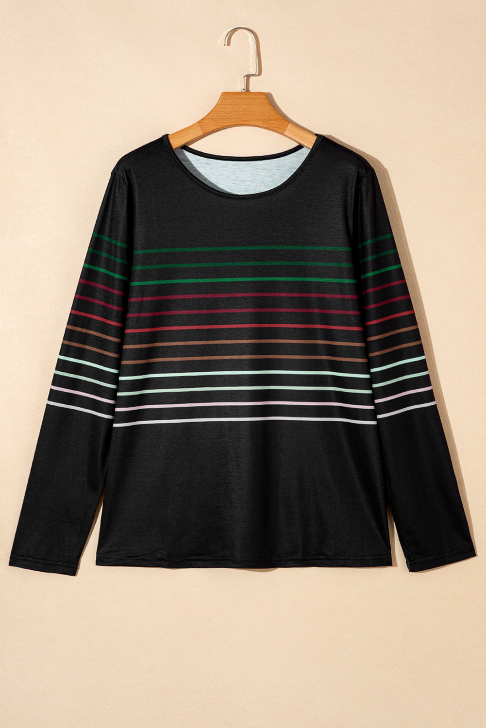 Black Multicolor Striped Crew Neck Long Sleeve Top