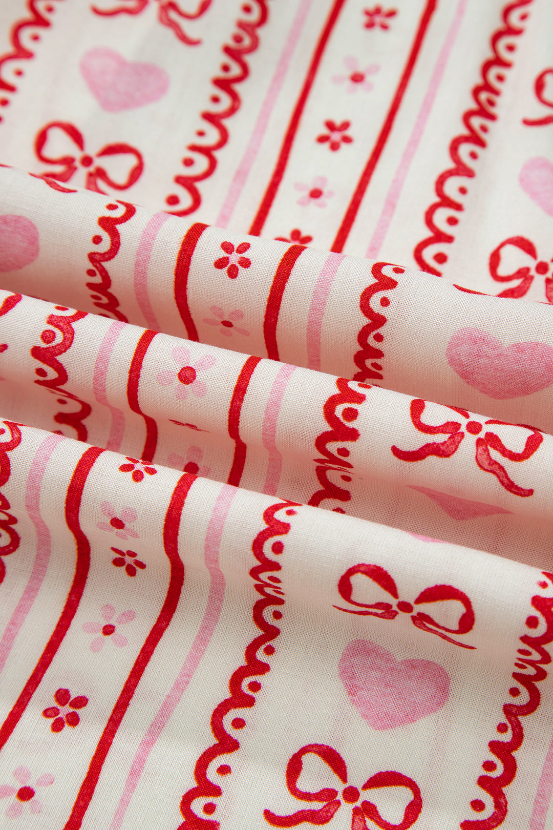 Red Sweet Floral Heart Bow Print Contrast Trim Long Sleeve Shirt Pajama Short Set