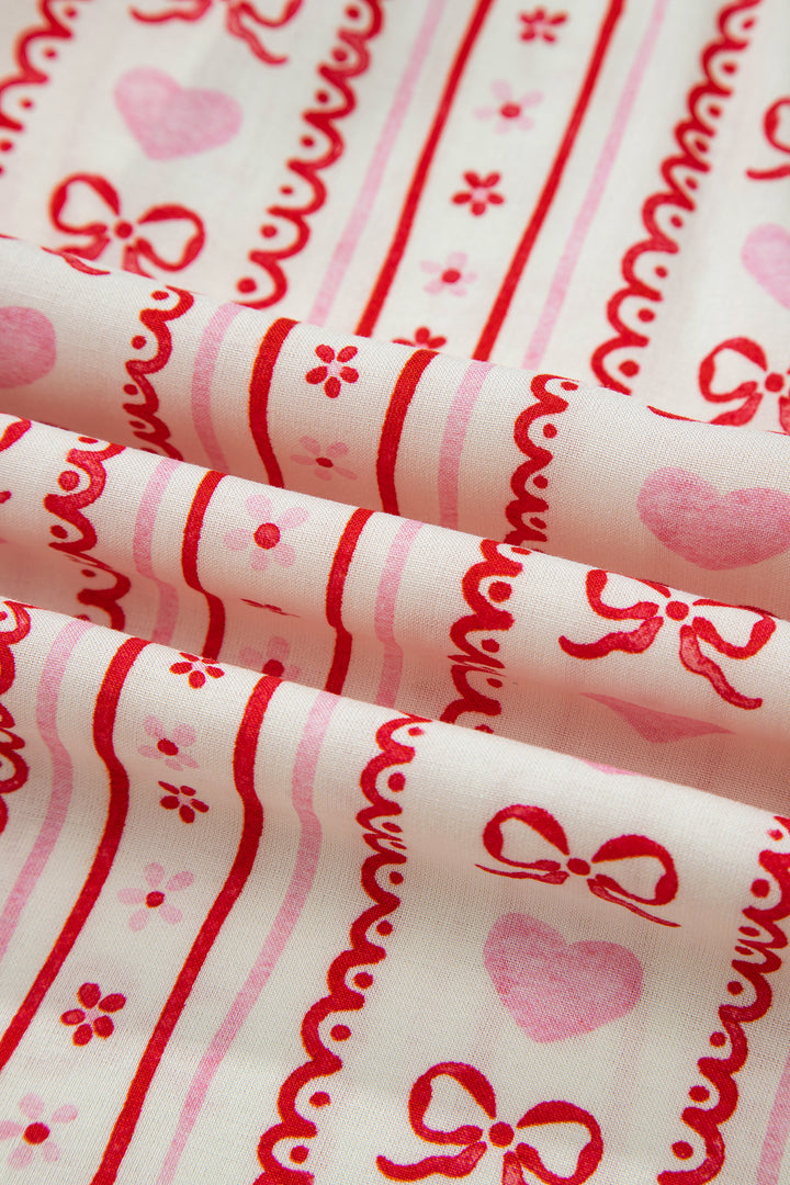 Red Sweet Floral Heart Bow Print Contrast Trim Long Sleeve Shirt Pajama Short Set