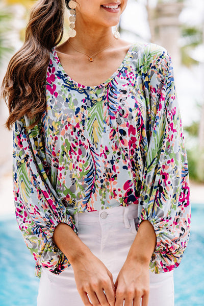 Green Floral Print Puffy Sleeve Loose Blouse