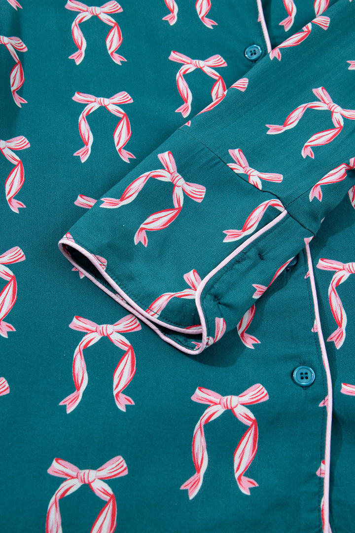 Green Ribbon Bow Print Silky Long Sleeve Shirt and Shorts 2pcs Pajama Set