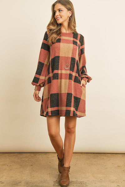 Round Neck Puff Sleeved Plaid Knee Length Dress