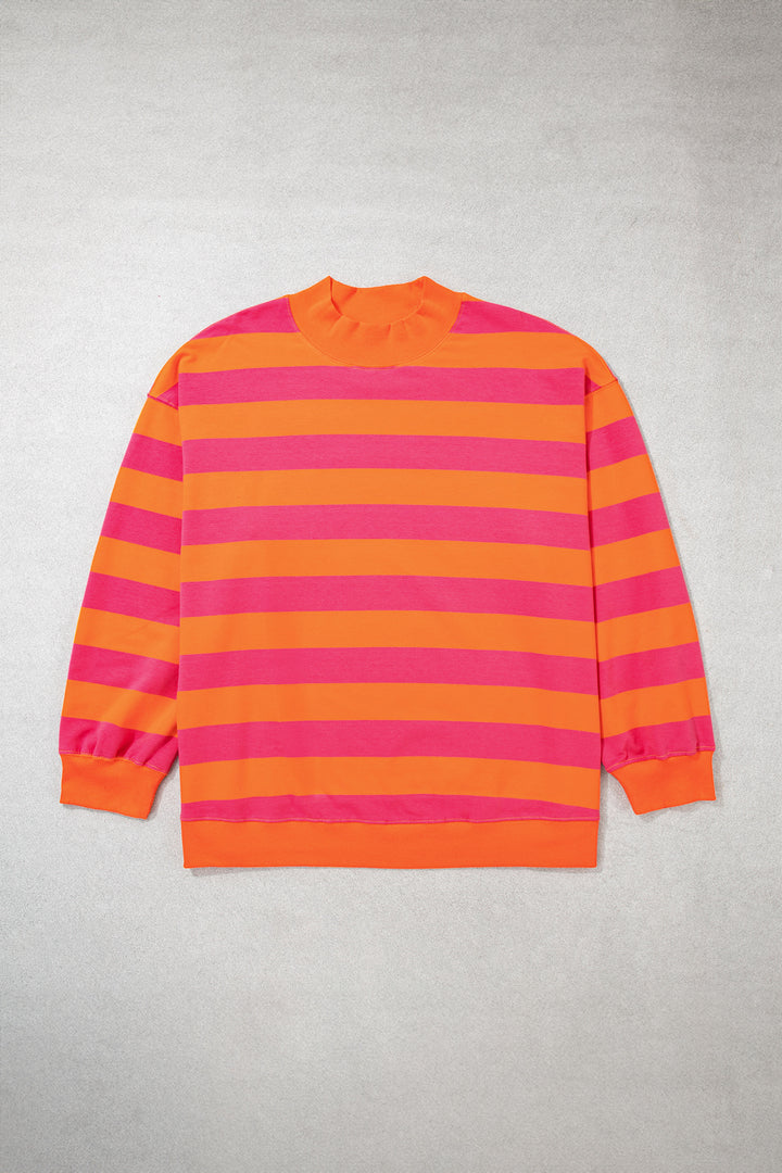 Orange Stripe Ribbed Trim Stand Neck Dropped Shoulder Plus Size Sweatshirt