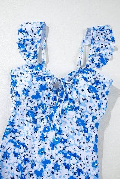 Blue Floral Ruffled Strap Lace-up Hollow Out One Piece Swimsuit