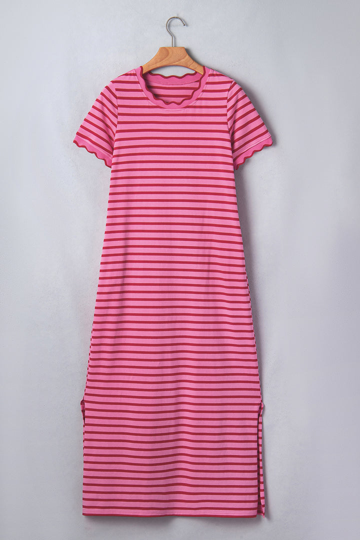 Rose Stripe Striped Short Sleeve Scalloped Trim Side Slit T-Shirt Dress