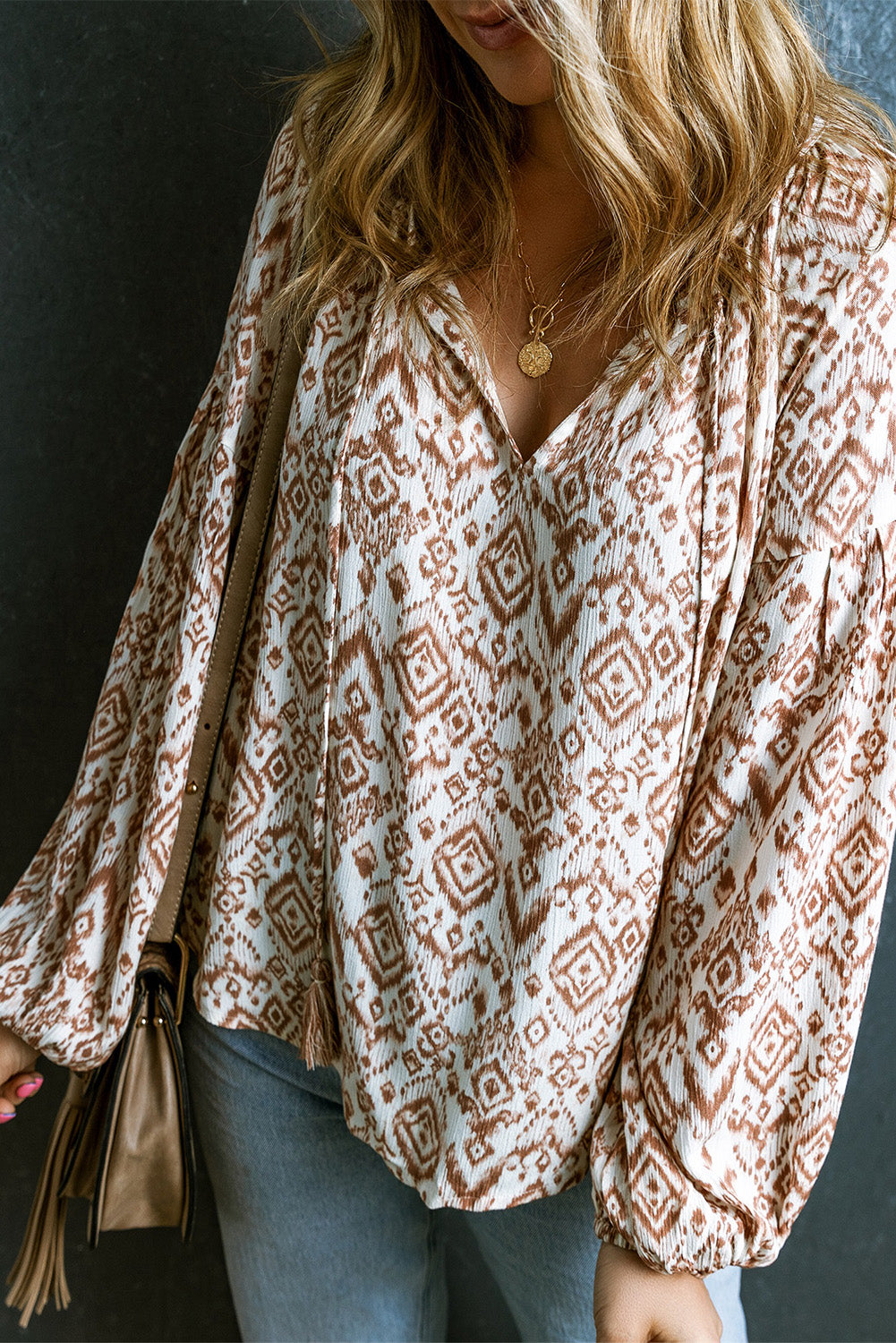 Apricot Western Print Balloon Sleeve Tassel Blouse