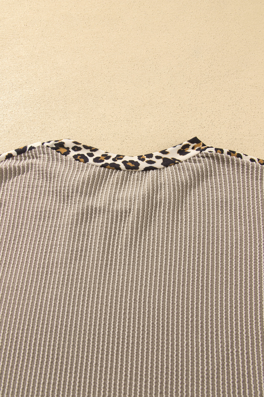 Simply Taupe Cozy Ribbed Patchwork Leopard Trim Long Sleeve 2pcs Pant Set