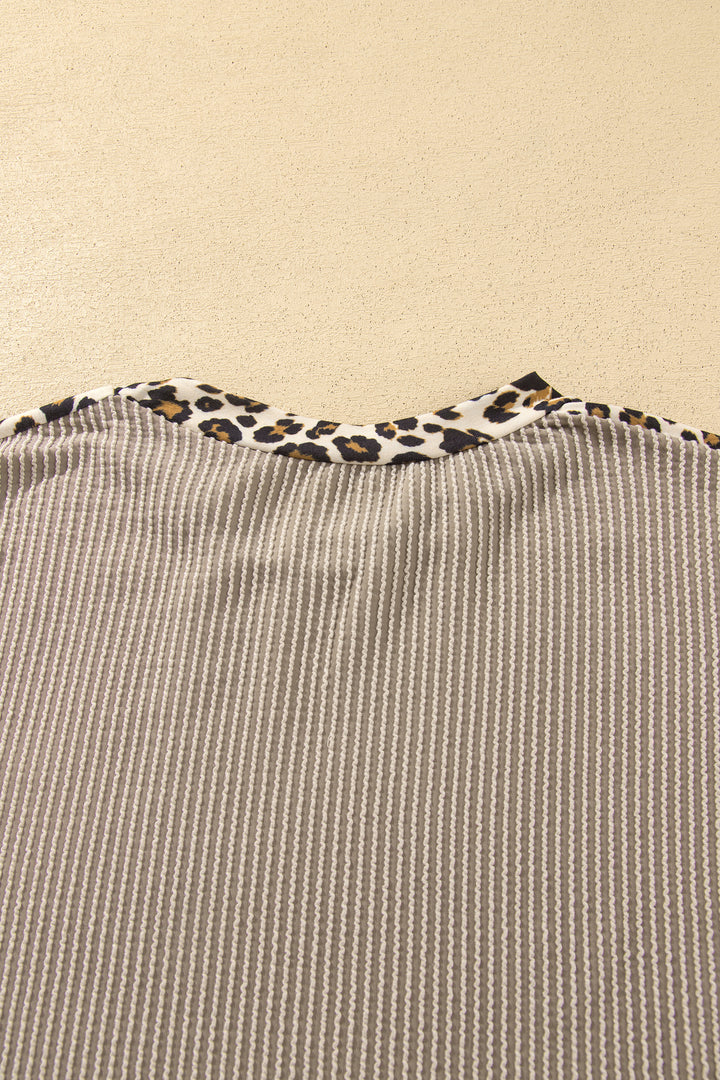 Simply Taupe Cozy Ribbed Patchwork Leopard Trim Long Sleeve 2pcs Pant Set