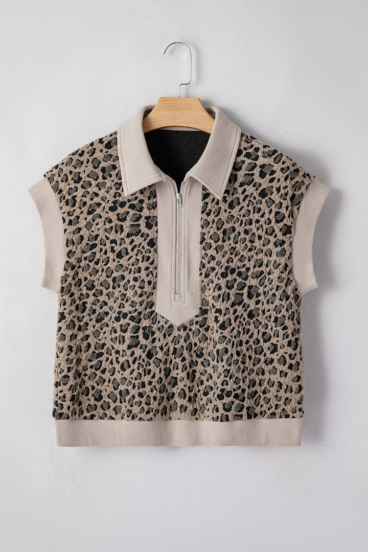 Beige Zip up Collared Leopard Cap Sleeve Top