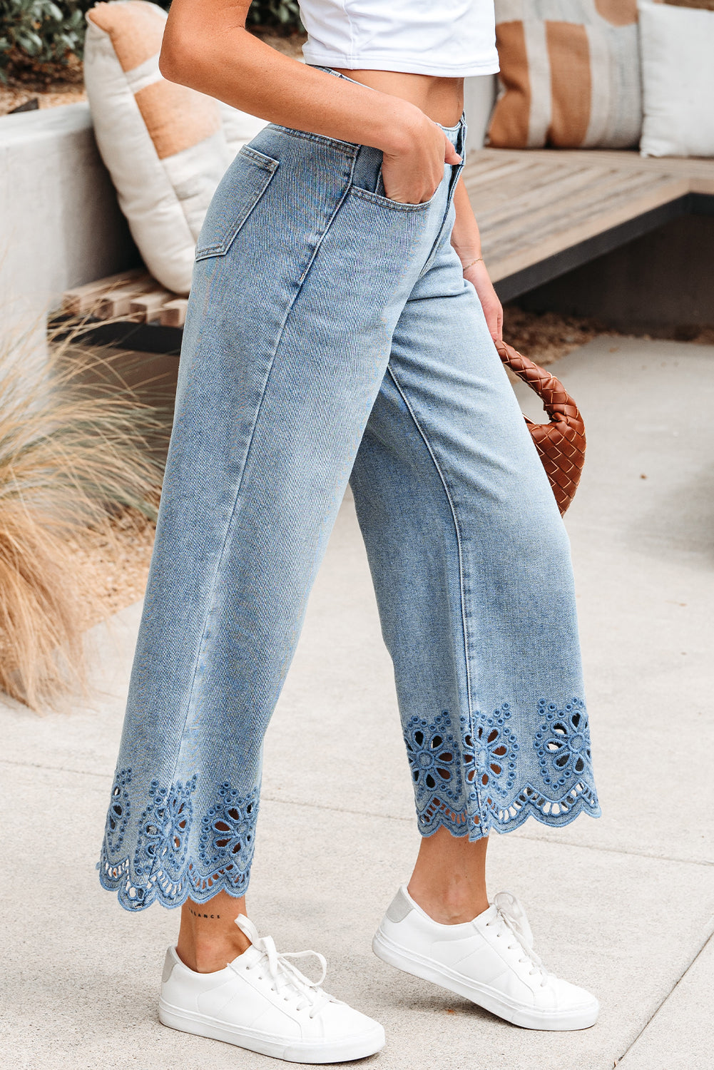 Juliette Embroidered Cropped Wide Leg High Waist Jeans