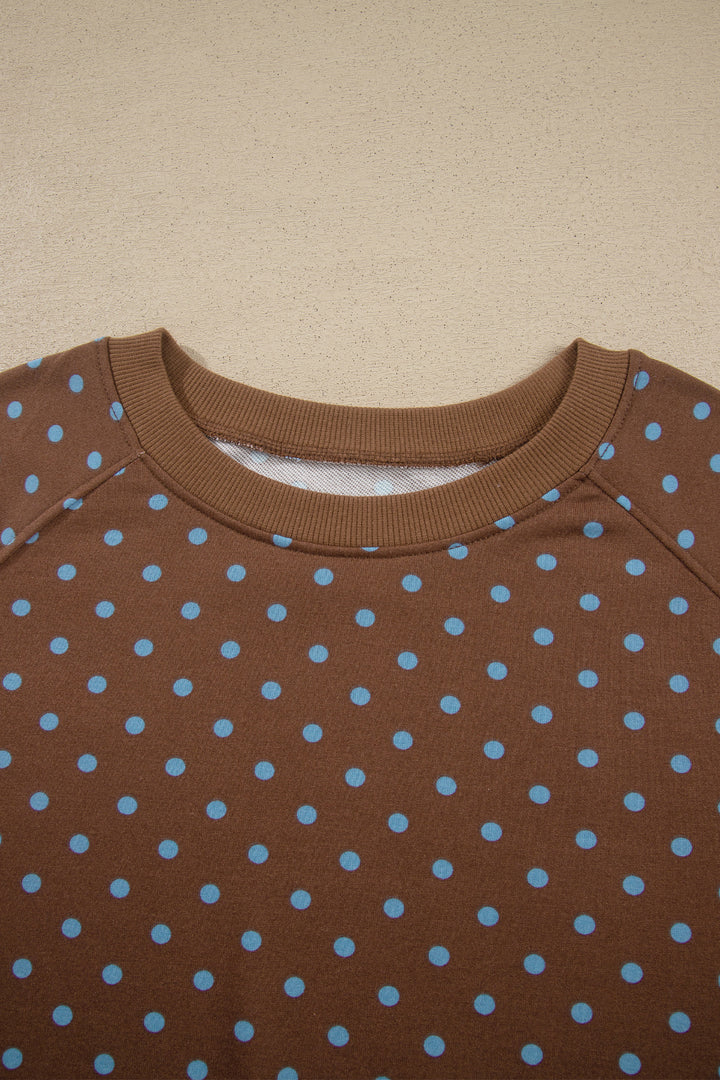 Brown Polka Dot Round Neck Long Sleeve Plus Size Set
