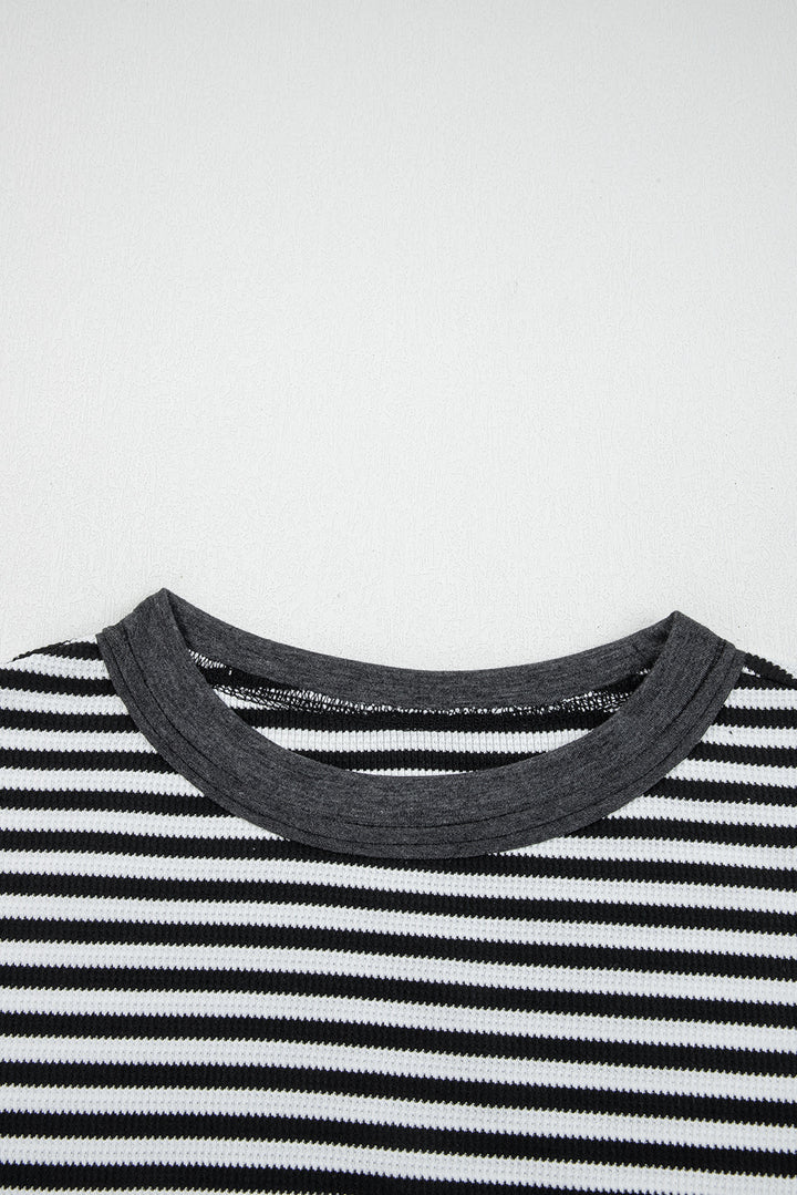 Black Stripe Thermal Knit Drop Shoulder Casual Top