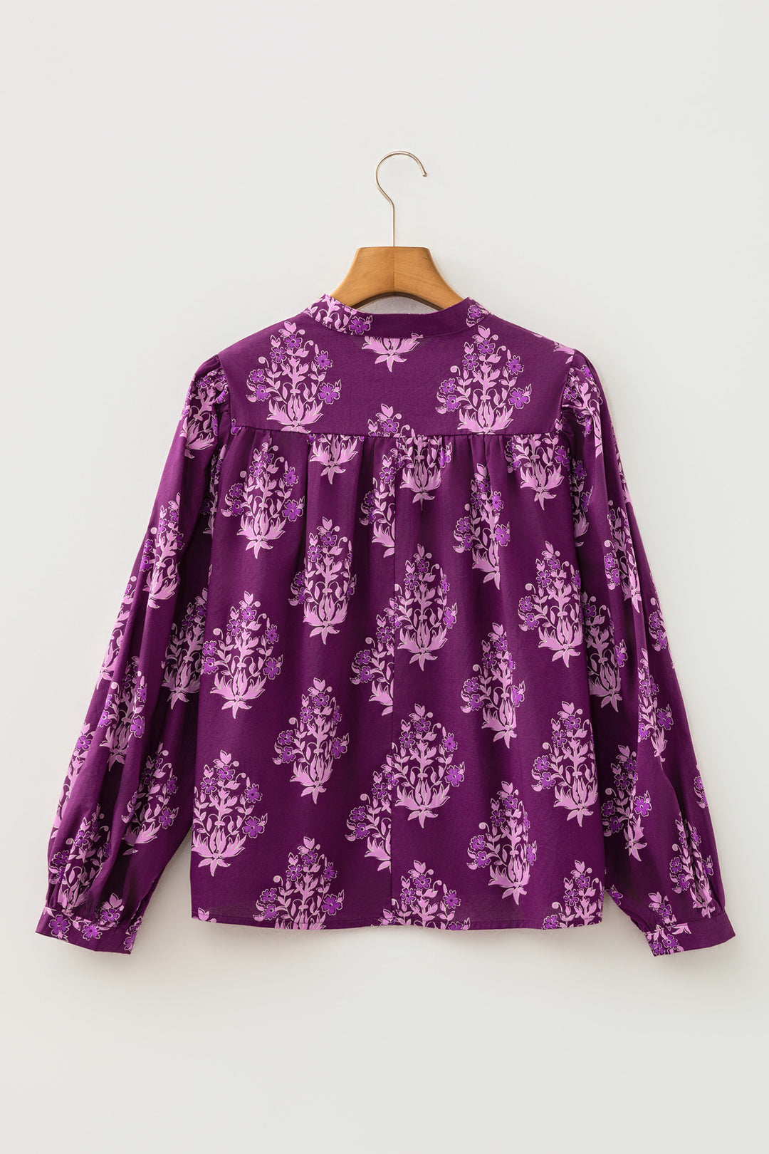 Purple Floral Print Button-Up Long Puff Sleeve Loose Shirt
