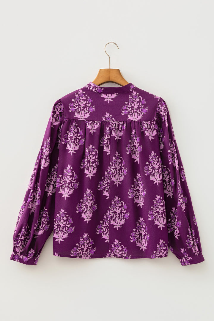 Purple Floral Print Button-Up Long Puff Sleeve Loose Shirt