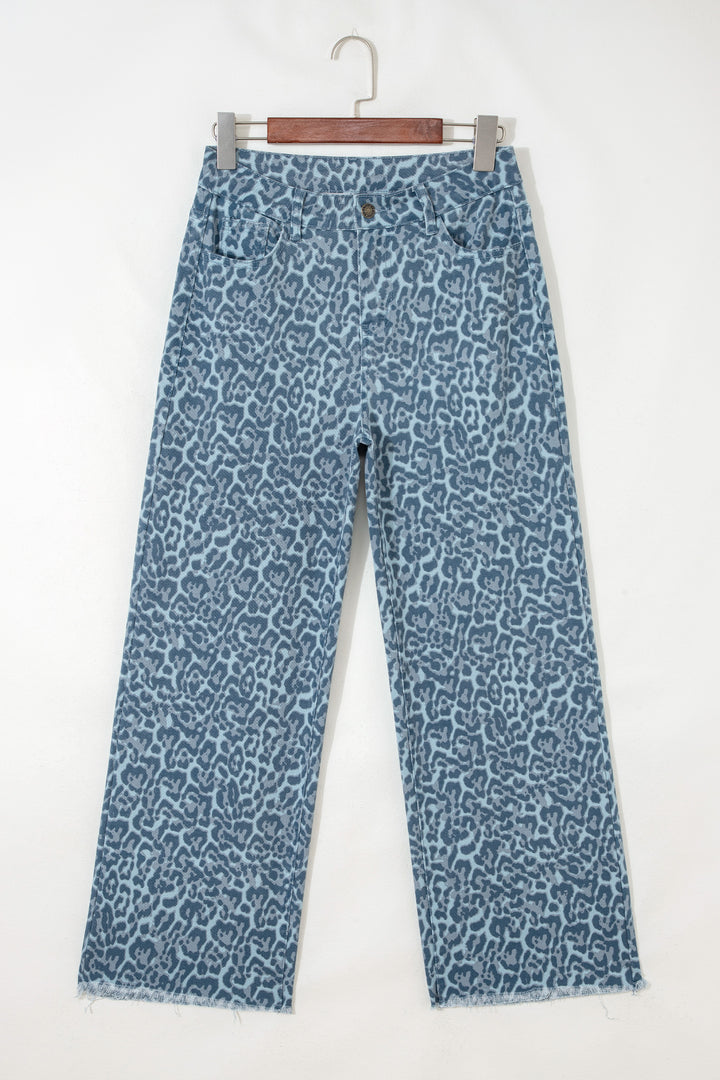 Gray Leopard Frayed Edge Wide Leg High Waist Jeans