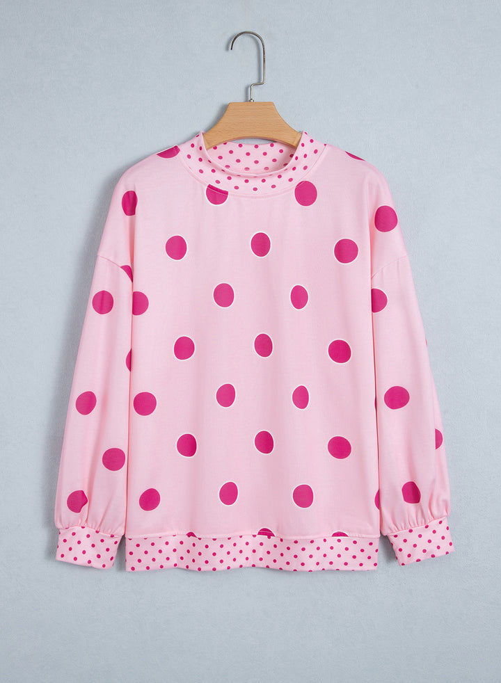 Pink Polka Dot Print Contrast Detail Oversized Tunic Sweatshirt