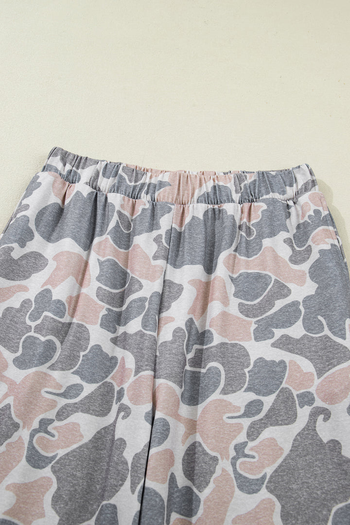 Multicolour Camouflage Short Sleeve Top and High Waist Wide Leg Pants Set