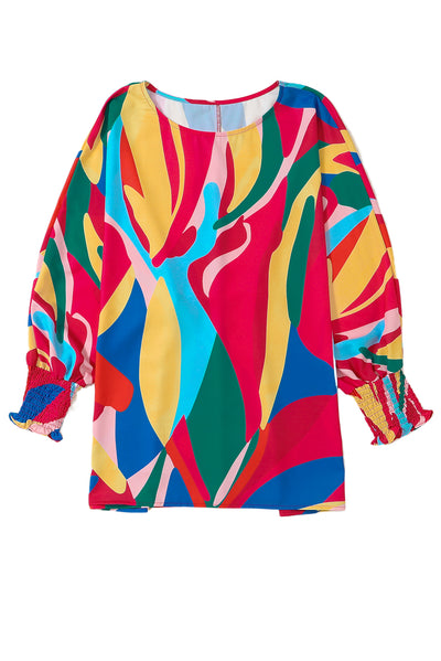 Multicolor Abstract Print Smocked Puff Sleeve Blouse