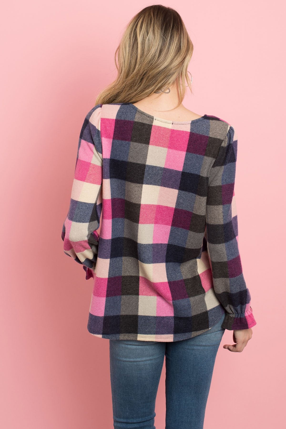 V-Neck Ruffle Sleeves Plaid Top