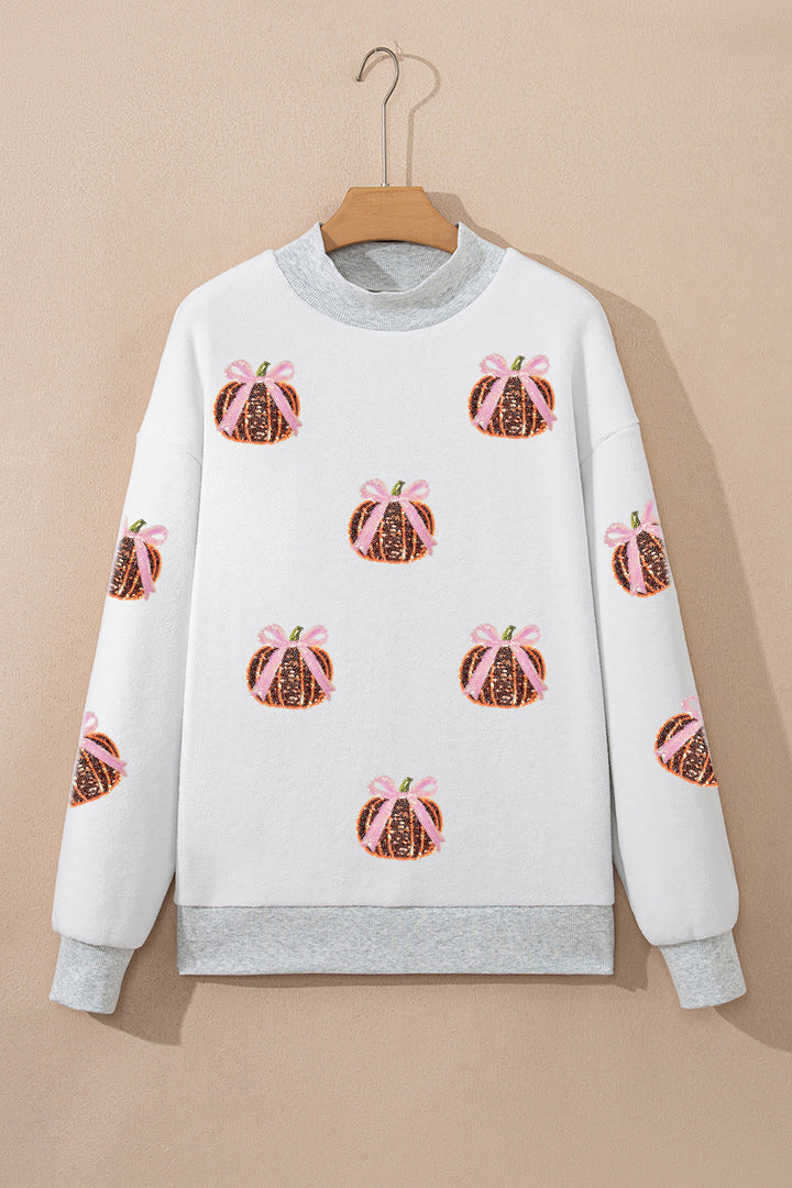 Light Grey Sequin Bow Pumpkin Patch Color Block High Neck Sweatshirt