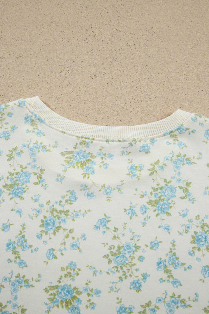 Sky Blue Floral Print Short Sleeve Elastic Waist Pocket Casual Two Piece Short Sets