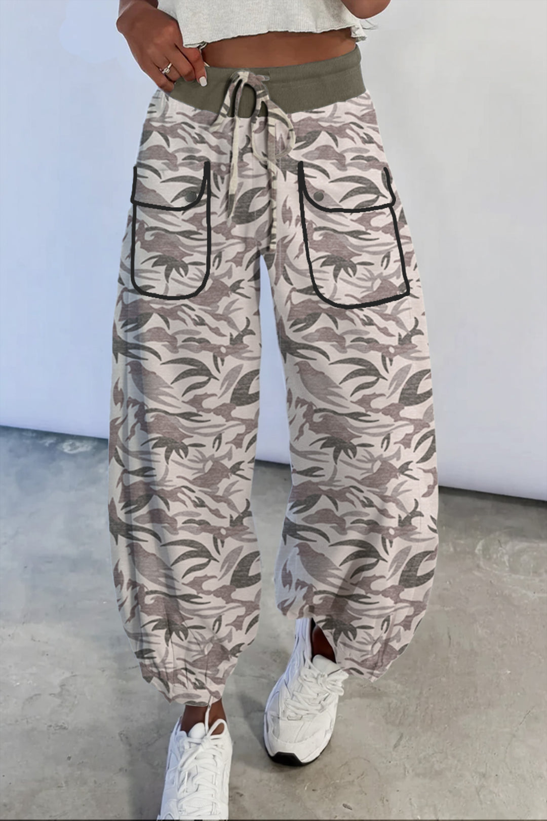 Multicolour Drawstring Contrast Waistband Camouflage Cargo Barrel Pants