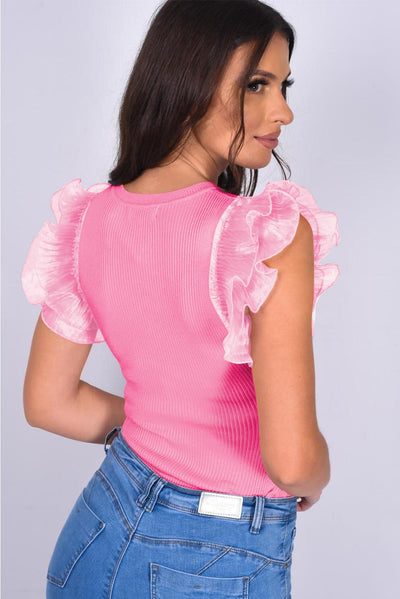 Strawberry Pink Ruffled Pleated Mesh Sleeve Ribbed Knit Slim Fit T Shirt