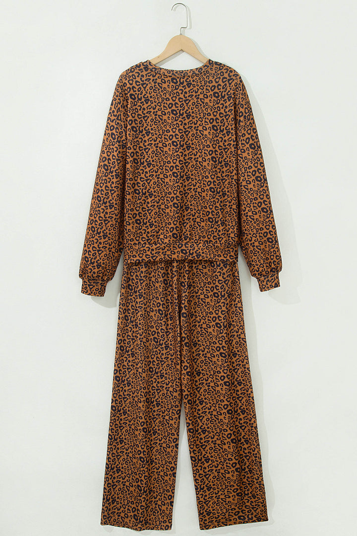 Brown Leopard Print Long Sleeve Top Relaxed Pant Set