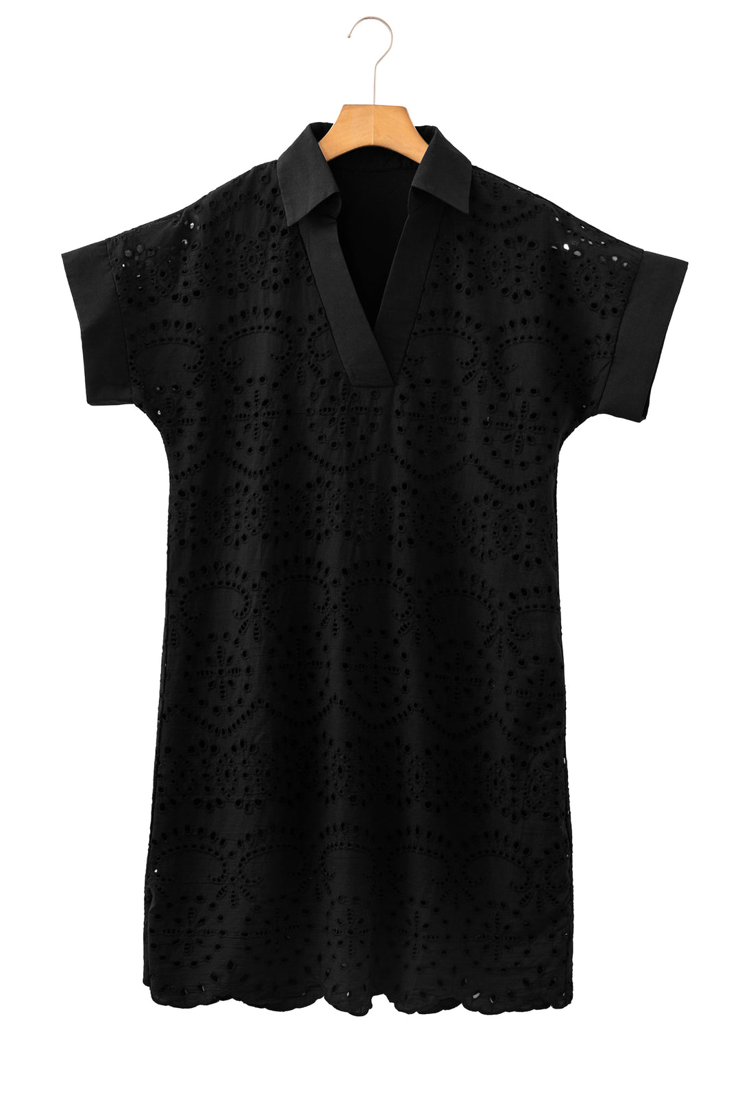 Dark Blue Solid Color Eyelet Embroidered T Shirt Mini Dress