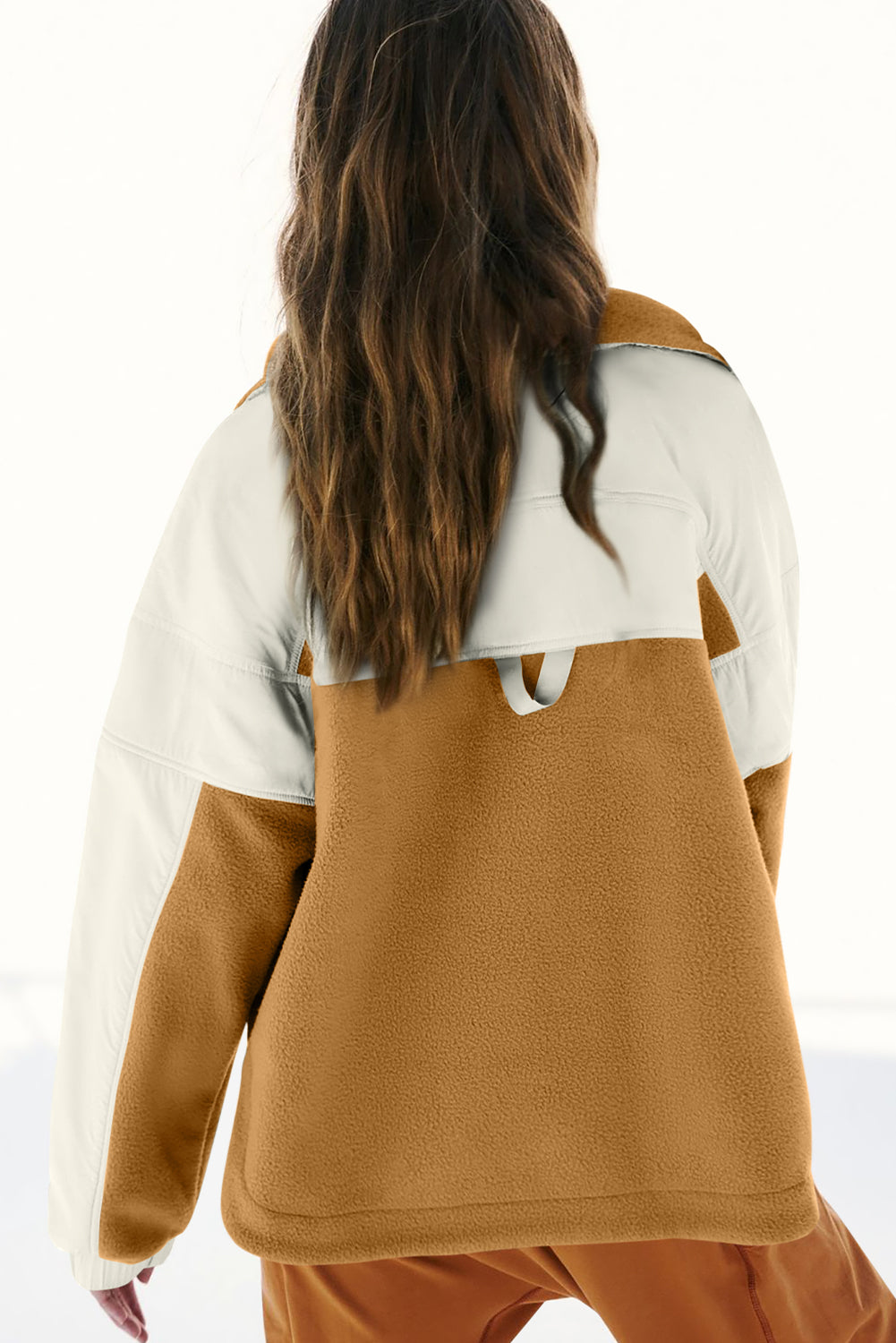 Brown Fleece Patchwork Color Block Zip Funnel Neck Sweatshirt