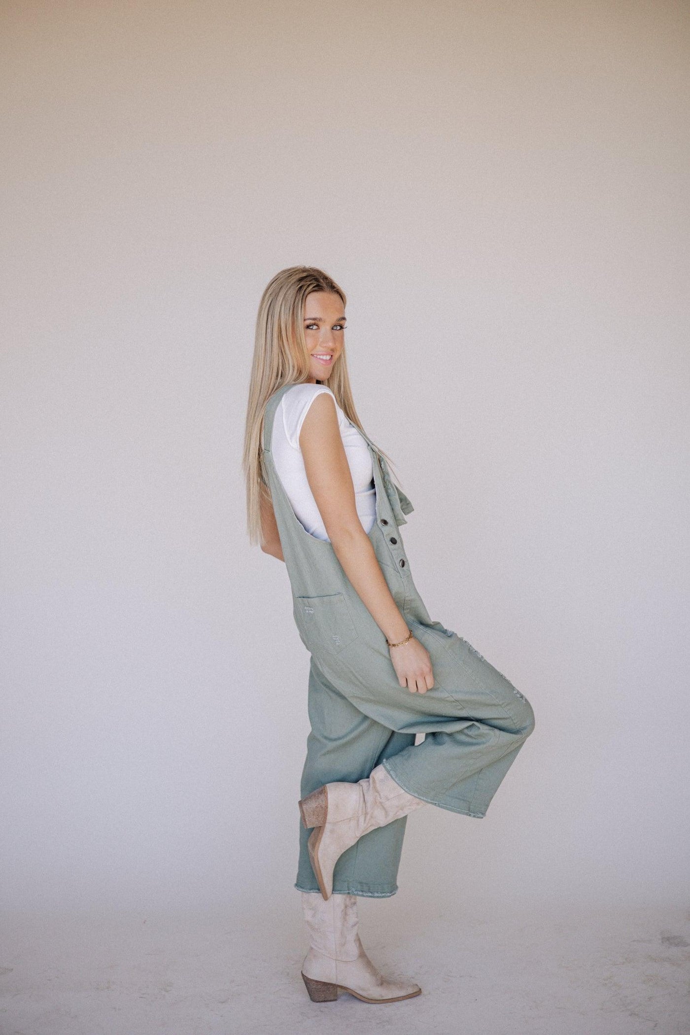 Frankie Denim Overalls in Sage