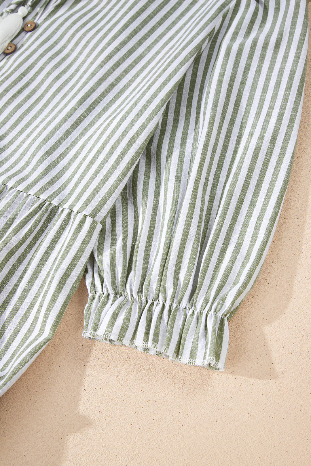 Green Stripe Tasseled Tie Neck Ruffled Short Sleeve Tiered Flattering Dress